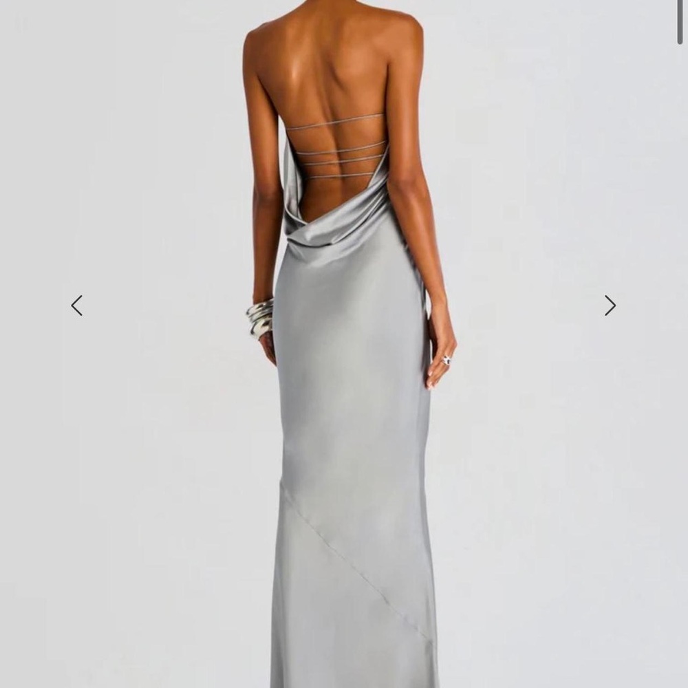 Retrofete Silver Strapless Satin Column Gown - Picture 3 of 5